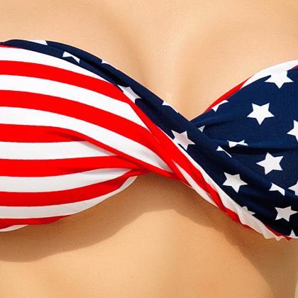 American Flag Sexy Lace-up Fission Bikini Swimsuit..